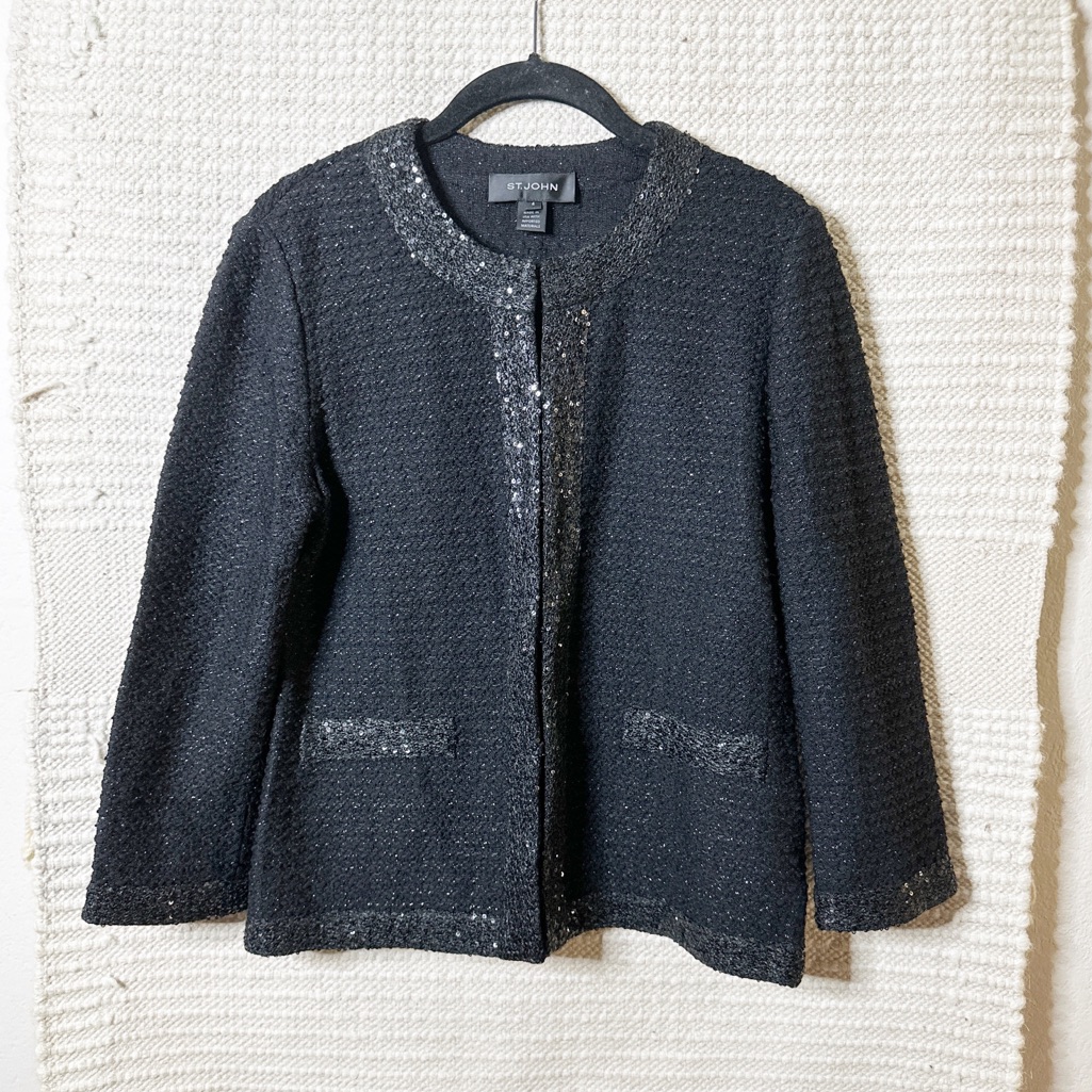 St. John Black / Metallic Wool-Linen Formal Collarless Blazer Jacket 4